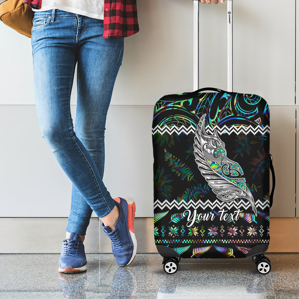 personalised-new-zealand-christmas-luggage-cover-maori-fern-manaia-meri-kirihimete-with-papaua-shell
