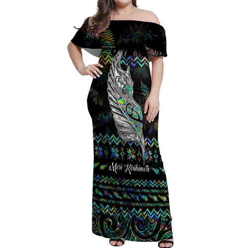 personalised-new-zealand-christmas-off-shoulder-maxi-dress-maori-fern-manaia-meri-kirihimete-with-papaua-shell