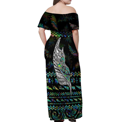 personalised-new-zealand-christmas-off-shoulder-maxi-dress-maori-fern-manaia-meri-kirihimete-with-papaua-shell
