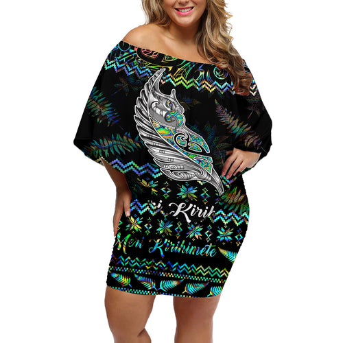 personalised-new-zealand-christmas-off-shoulder-short-dress-maori-fern-manaia-meri-kirihimete-with-papaua-shell