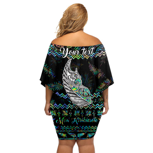 personalised-new-zealand-christmas-off-shoulder-short-dress-maori-fern-manaia-meri-kirihimete-with-papaua-shell