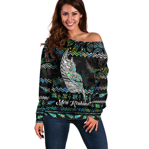 personalised-new-zealand-christmas-off-shoulder-sweater-maori-fern-manaia-meri-kirihimete-with-papaua-shell