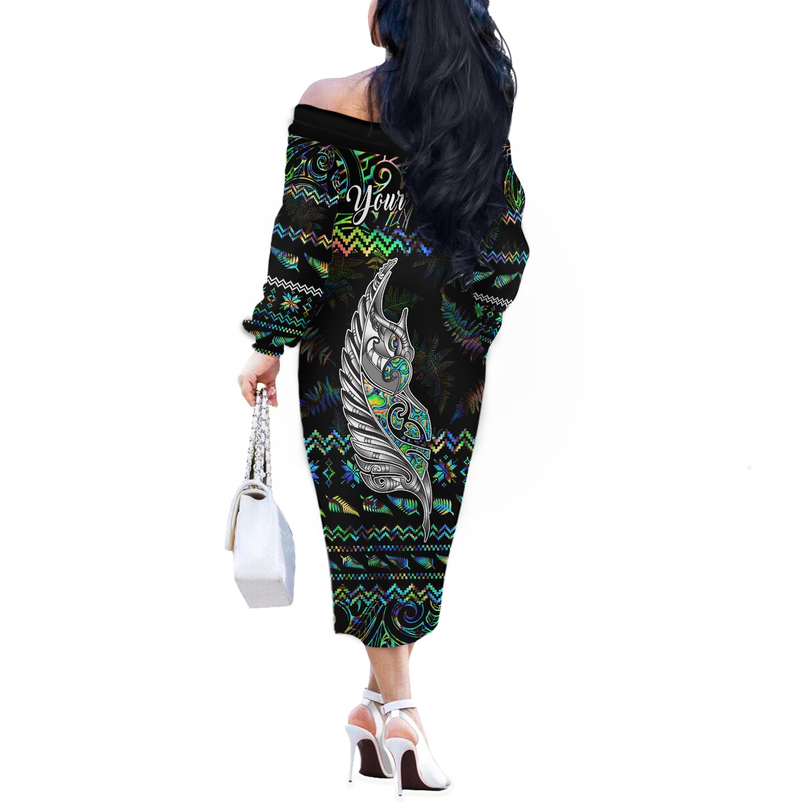 personalised-new-zealand-christmas-off-the-shoulder-long-sleeve-dress-maori-fern-manaia-meri-kirihimete-with-papaua-shell
