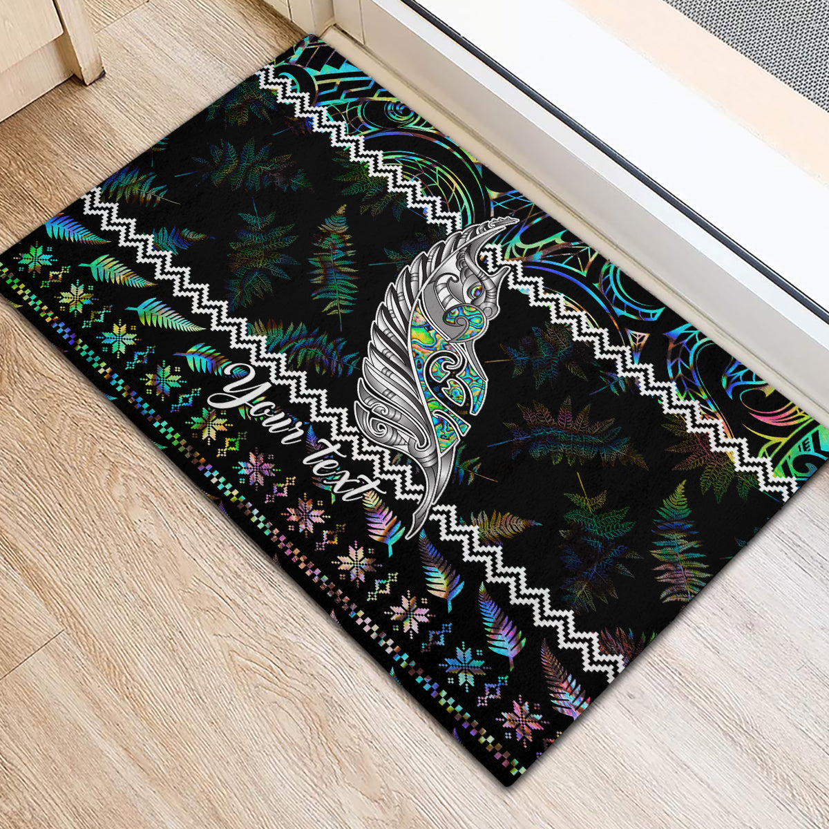 personalised-new-zealand-christmas-rubber-doormat-maori-fern-manaia-meri-kirihimete-with-papaua-shell