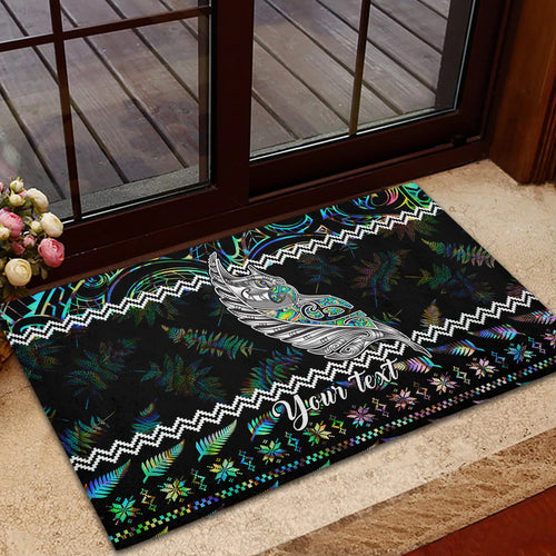 personalised-new-zealand-christmas-rubber-doormat-maori-fern-manaia-meri-kirihimete-with-papaua-shell