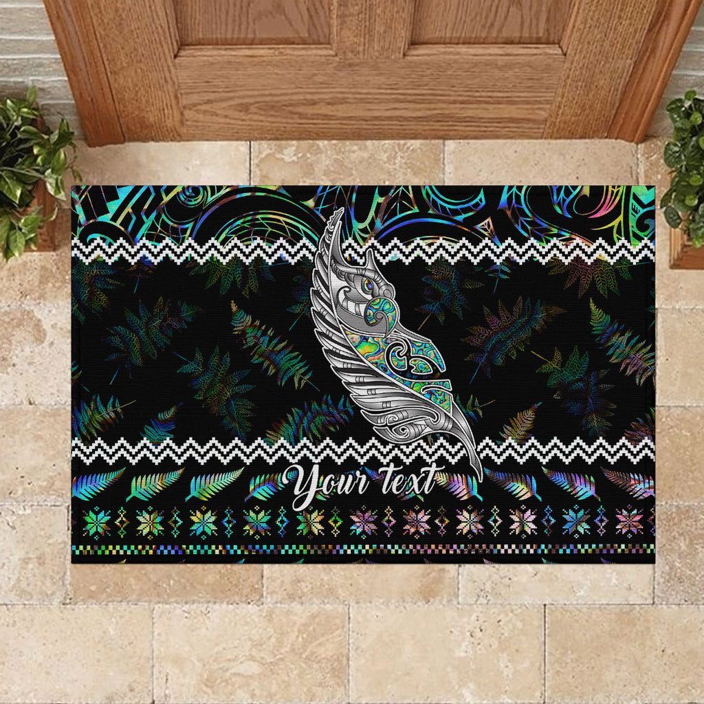 personalised-new-zealand-christmas-rubber-doormat-maori-fern-manaia-meri-kirihimete-with-papaua-shell