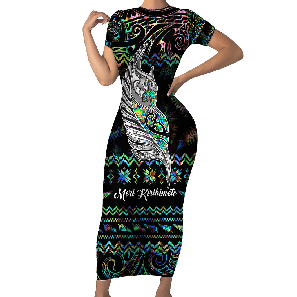 personalised-new-zealand-christmas-short-sleeve-bodycon-dress-maori-fern-manaia-meri-kirihimete-with-papaua-shell