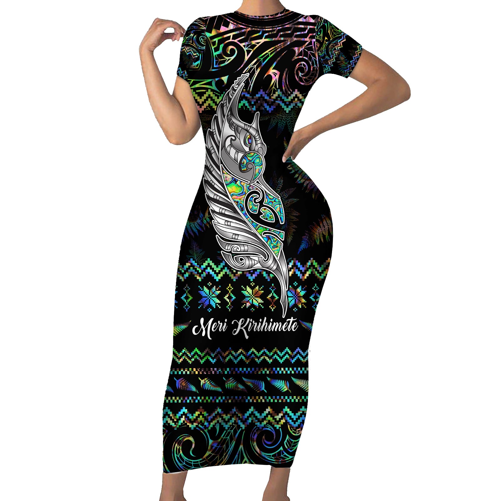 personalised-new-zealand-christmas-short-sleeve-bodycon-dress-maori-fern-manaia-meri-kirihimete-with-papaua-shell