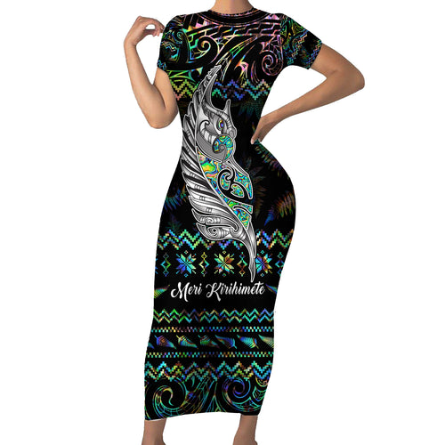 personalised-new-zealand-christmas-short-sleeve-bodycon-dress-maori-fern-manaia-meri-kirihimete-with-papaua-shell