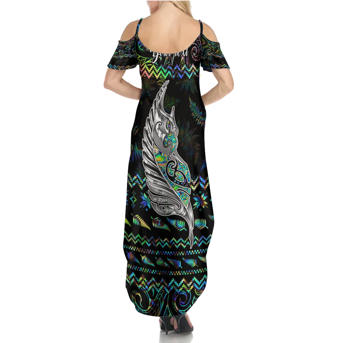 personalised-new-zealand-christmas-summer-maxi-dress-maori-fern-manaia-meri-kirihimete-with-papaua-shell