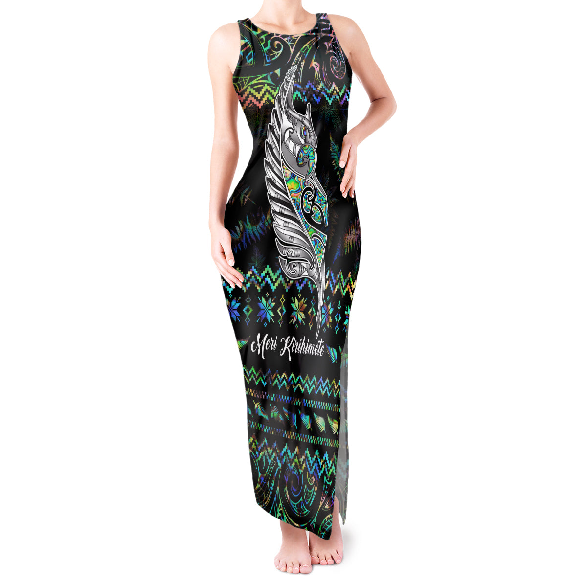 personalised-new-zealand-christmas-tank-maxi-dress-maori-fern-manaia-meri-kirihimete-with-papaua-shell