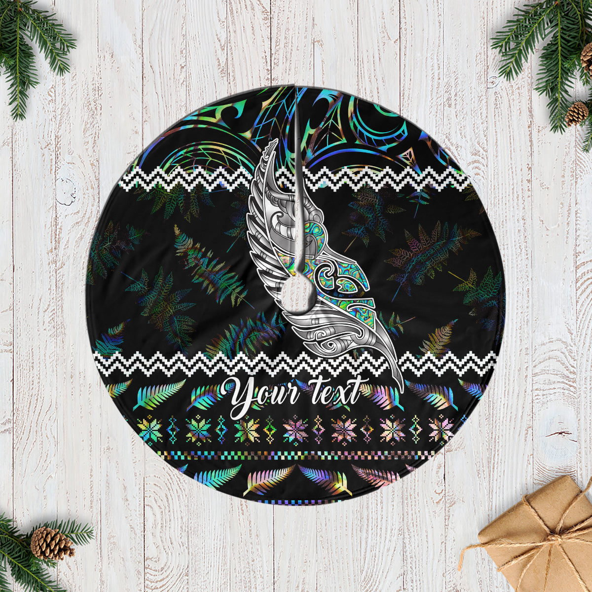 personalised-new-zealand-christmas-tree-skirt-maori-fern-manaia-meri-kirihimete-with-papaua-shell