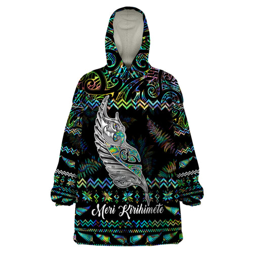 personalised-new-zealand-christmas-wearable-blanket-hoodie-maori-fern-manaia-meri-kirihimete-with-papaua-shell