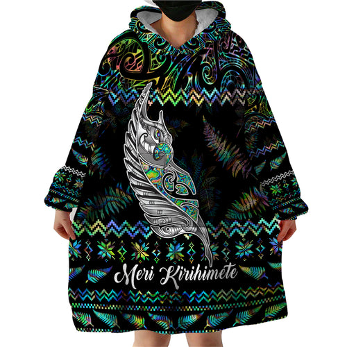 personalised-new-zealand-christmas-wearable-blanket-hoodie-maori-fern-manaia-meri-kirihimete-with-papaua-shell