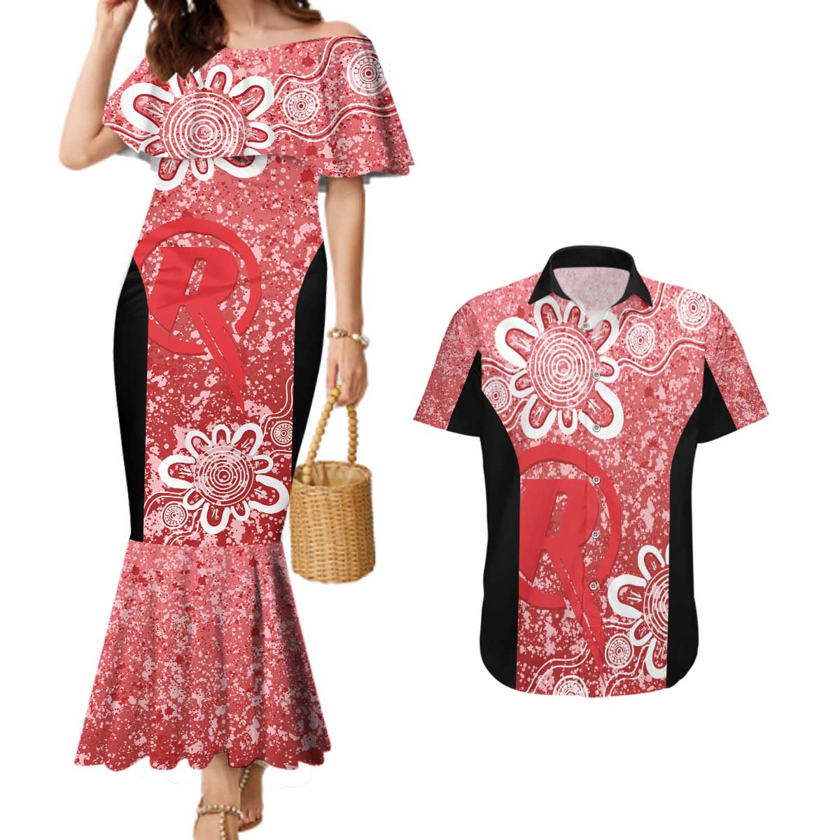Australian Renegades Cricket Custom Couples Matching Mermaid Dress and Hawaiian Shirt Minimalism Aboriginal