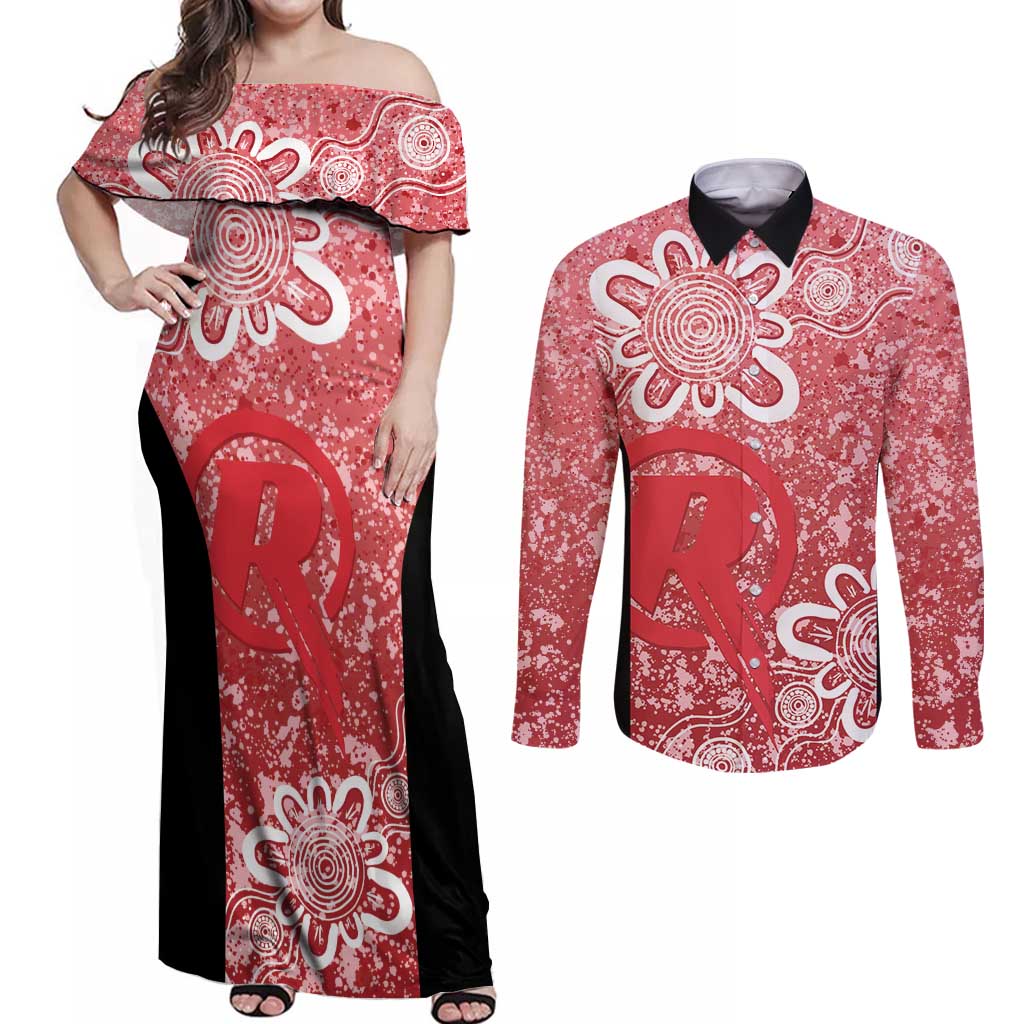 Australian Renegades Cricket Custom Couples Matching Off Shoulder Maxi Dress and Long Sleeve Button Shirt Minimalism Aboriginal