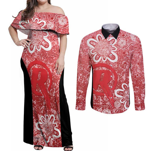 Australian Renegades Cricket Custom Couples Matching Off Shoulder Maxi Dress and Long Sleeve Button Shirt Minimalism Aboriginal
