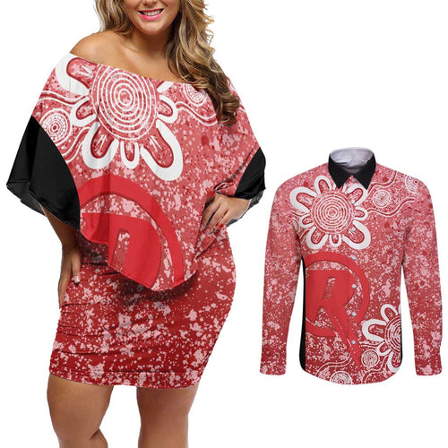 Australian Renegades Cricket Custom Couples Matching Off Shoulder Short Dress and Long Sleeve Button Shirt Minimalism Aboriginal