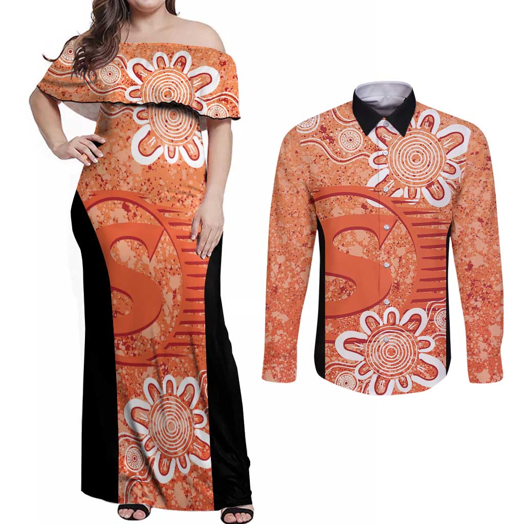 Australian Scorchers Cricket Custom Couples Matching Off Shoulder Maxi Dress and Long Sleeve Button Shirt Minimalism Aboriginal