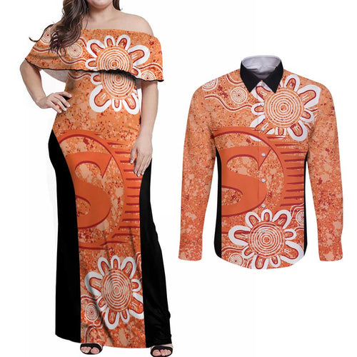 Australian Scorchers Cricket Custom Couples Matching Off Shoulder Maxi Dress and Long Sleeve Button Shirt Minimalism Aboriginal