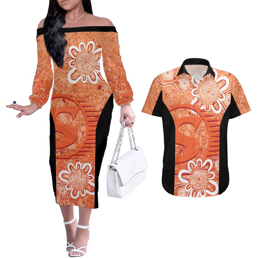 Australian Scorchers Cricket Custom Couples Matching Off The Shoulder Long Sleeve Dress and Hawaiian Shirt Minimalism Aboriginal