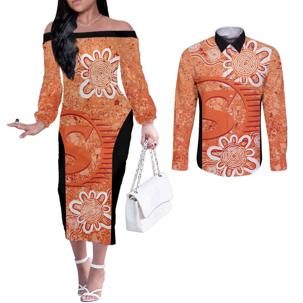 Australian Scorchers Cricket Custom Couples Matching Off The Shoulder Long Sleeve Dress and Long Sleeve Button Shirt Minimalism Aboriginal