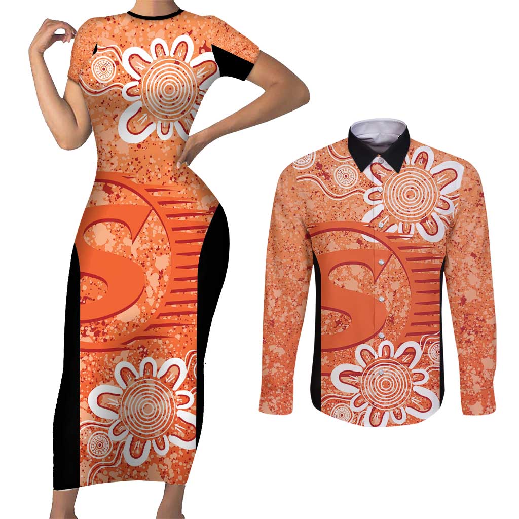 Australian Scorchers Cricket Custom Couples Matching Short Sleeve Bodycon Dress and Long Sleeve Button Shirt Minimalism Aboriginal