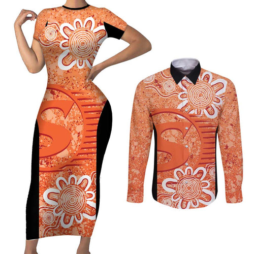 Australian Scorchers Cricket Custom Couples Matching Short Sleeve Bodycon Dress and Long Sleeve Button Shirt Minimalism Aboriginal