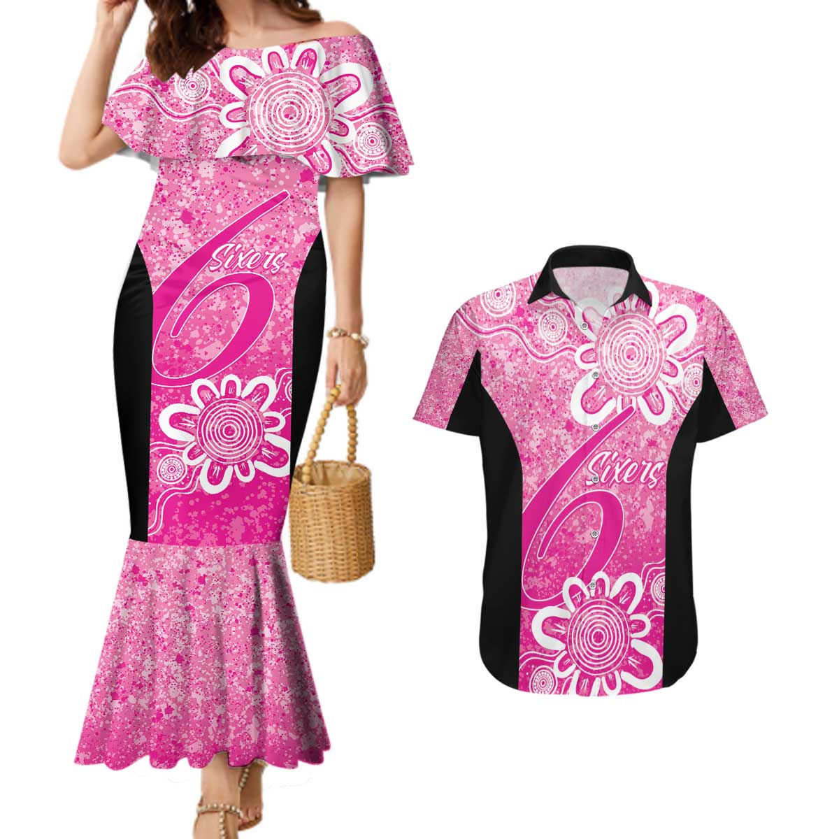 Australian Sixers Cricket Custom Couples Matching Mermaid Dress and Hawaiian Shirt Minimalism Aboriginal