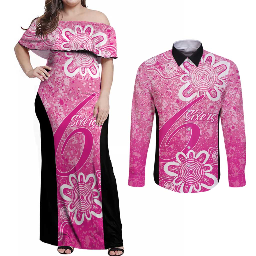 Australian Sixers Cricket Custom Couples Matching Off Shoulder Maxi Dress and Long Sleeve Button Shirt Minimalism Aboriginal