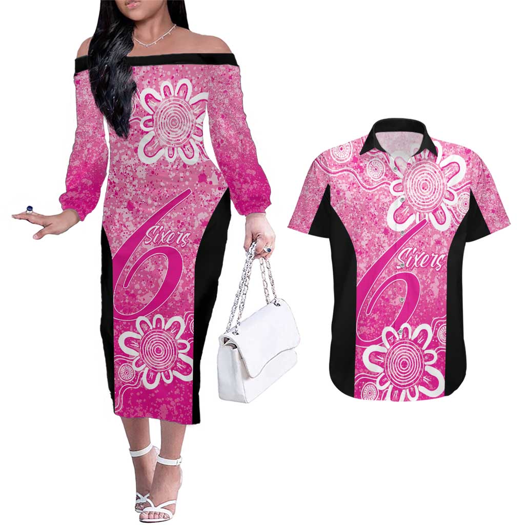 Australian Sixers Cricket Custom Couples Matching Off The Shoulder Long Sleeve Dress and Hawaiian Shirt Minimalism Aboriginal