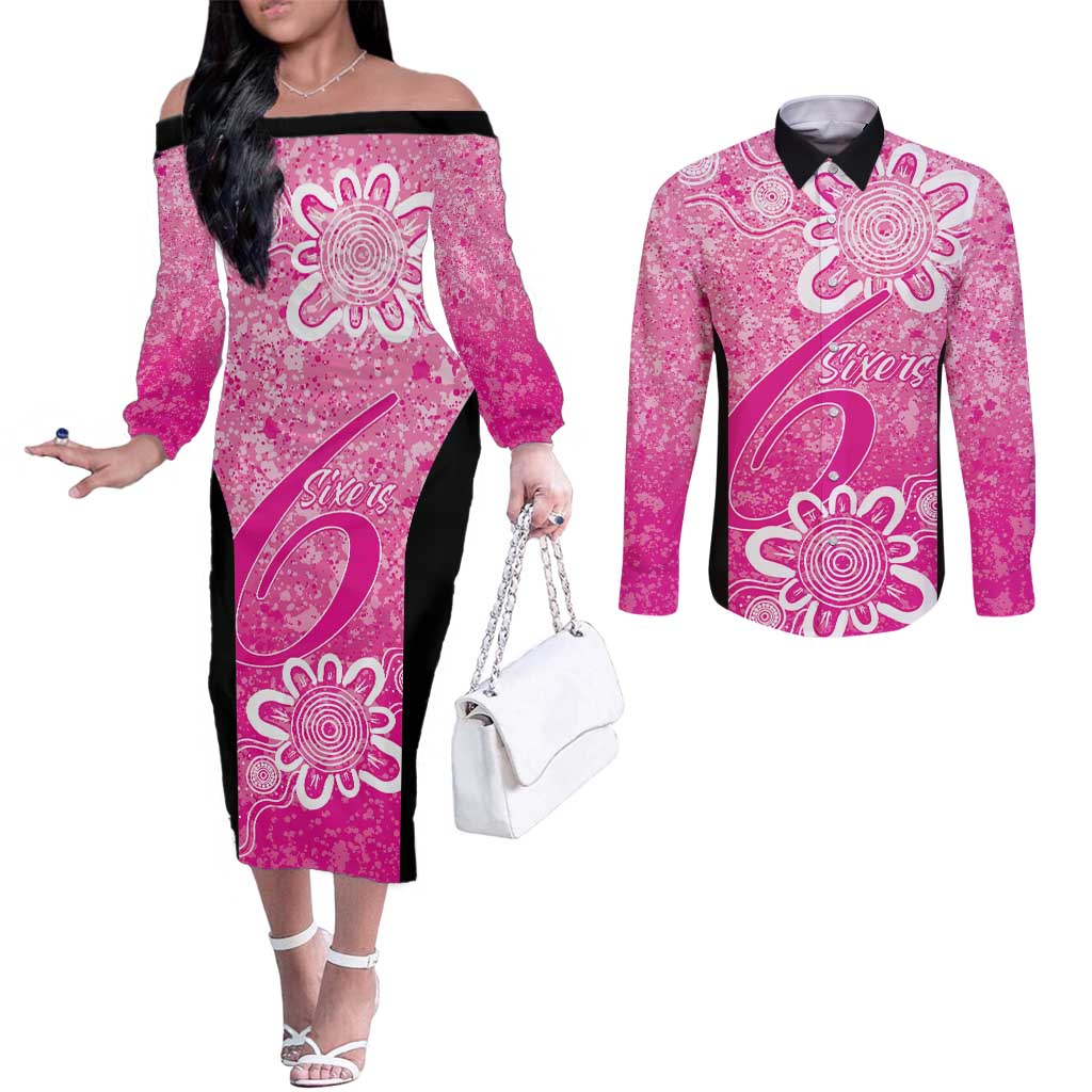 Australian Sixers Cricket Custom Couples Matching Off The Shoulder Long Sleeve Dress and Long Sleeve Button Shirt Minimalism Aboriginal