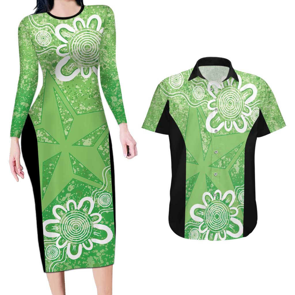 Australian Stars Cricket Custom Couples Matching Long Sleeve Bodycon Dress and Hawaiian Shirt Minimalism Aboriginal