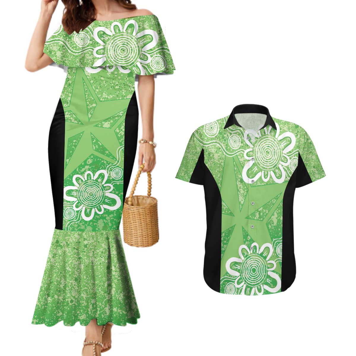 Australian Stars Cricket Custom Couples Matching Mermaid Dress and Hawaiian Shirt Minimalism Aboriginal