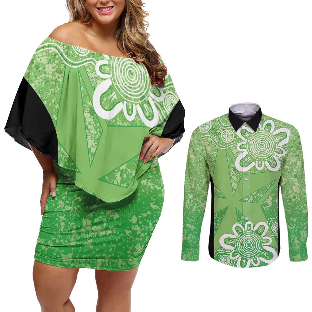 Australian Stars Cricket Custom Couples Matching Off Shoulder Short Dress and Long Sleeve Button Shirt Minimalism Aboriginal