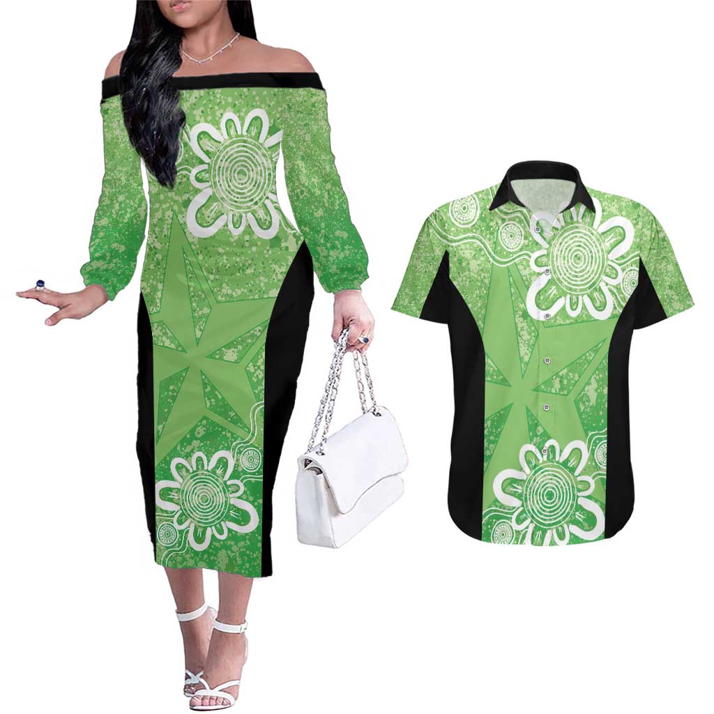 Australian Stars Cricket Custom Couples Matching Off The Shoulder Long Sleeve Dress and Hawaiian Shirt Minimalism Aboriginal