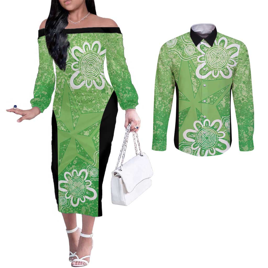 Australian Stars Cricket Custom Couples Matching Off The Shoulder Long Sleeve Dress and Long Sleeve Button Shirt Minimalism Aboriginal