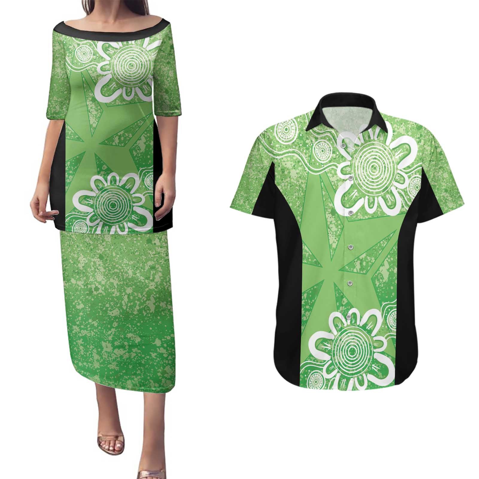 Australian Stars Cricket Custom Couples Matching Puletasi and Hawaiian Shirt Minimalism Aboriginal