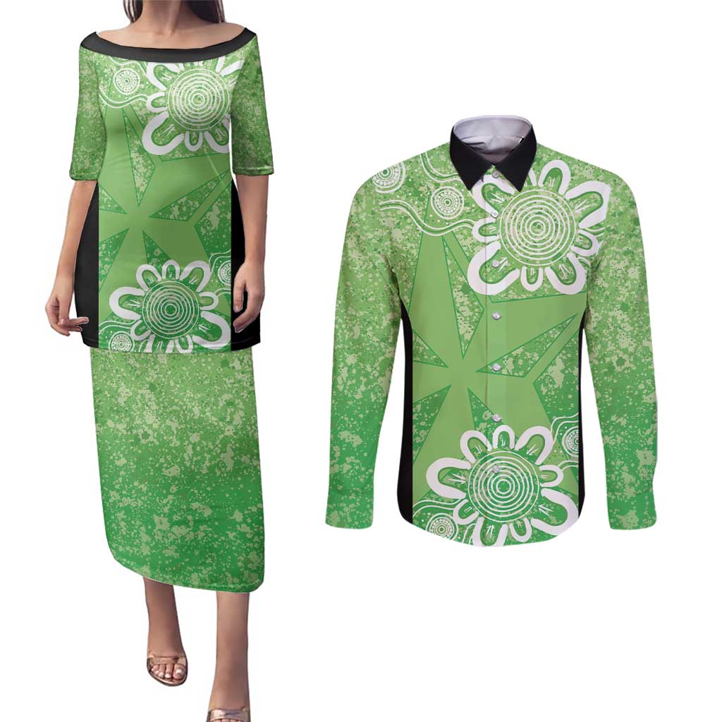Australian Stars Cricket Custom Couples Matching Puletasi and Long Sleeve Button Shirt Minimalism Aboriginal
