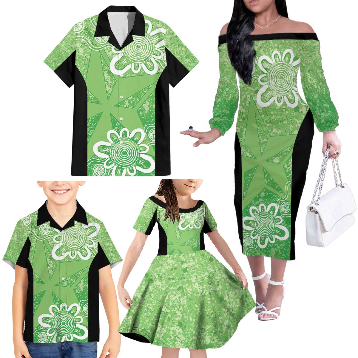 Australian Stars Cricket Custom Family Matching Off The Shoulder Long Sleeve Dress and Hawaiian Shirt Minimalism Aboriginal