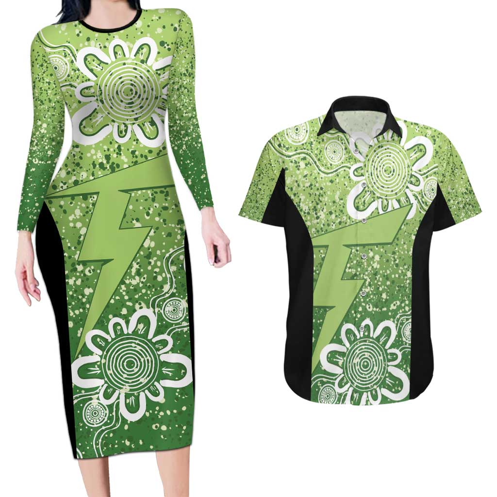 Australian Thunder Cricket Custom Couples Matching Long Sleeve Bodycon Dress and Hawaiian Shirt Minimalism Aboriginal