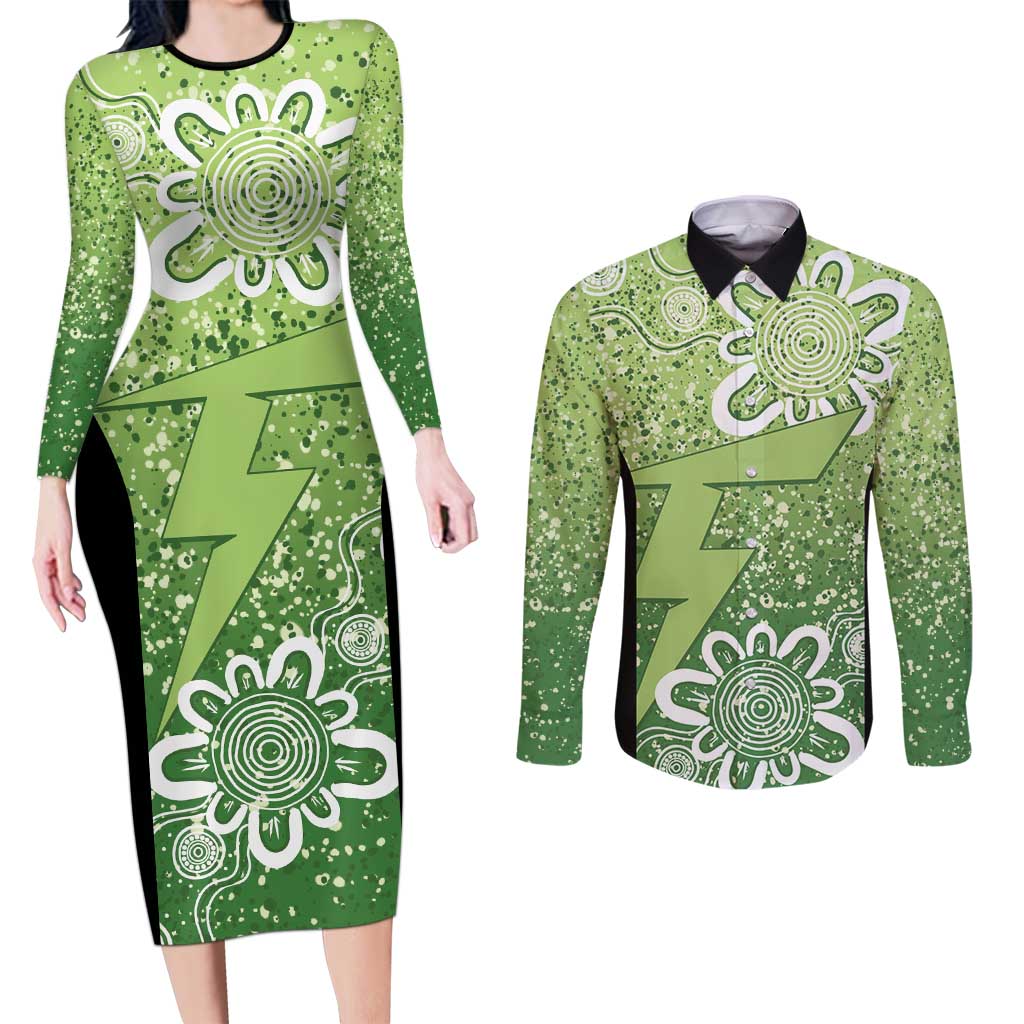Australian Thunder Cricket Custom Couples Matching Long Sleeve Bodycon Dress and Long Sleeve Button Shirt Minimalism Aboriginal