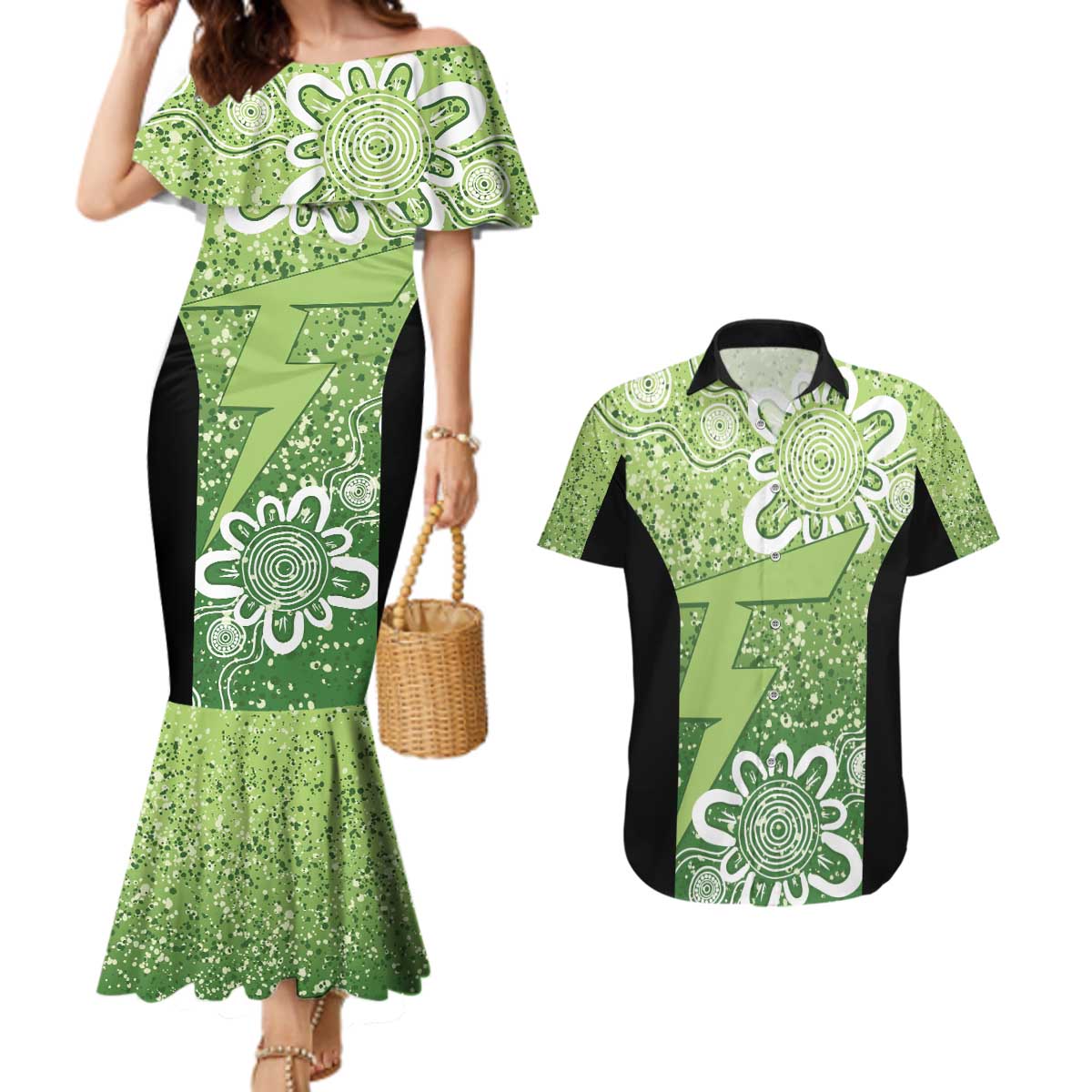 Australian Thunder Cricket Custom Couples Matching Mermaid Dress and Hawaiian Shirt Minimalism Aboriginal