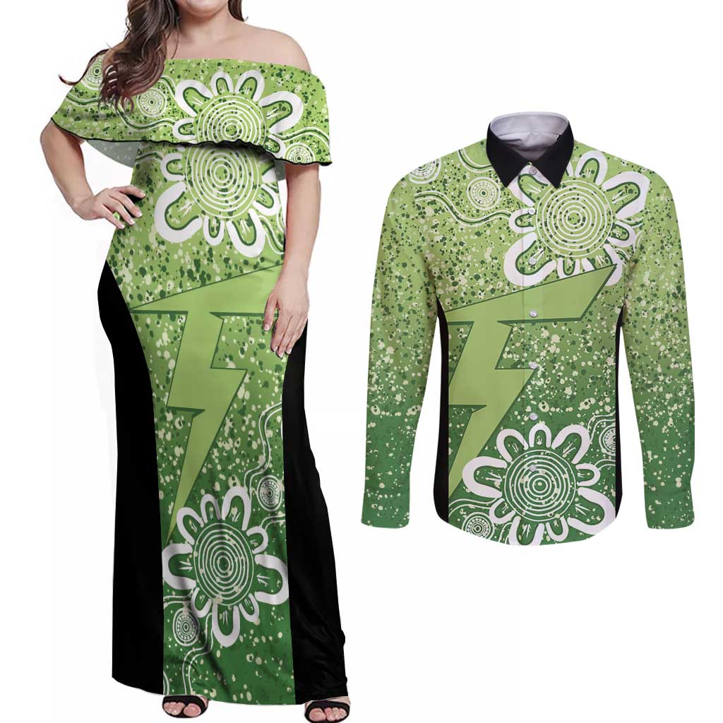 Australian Thunder Cricket Custom Couples Matching Off Shoulder Maxi Dress and Long Sleeve Button Shirt Minimalism Aboriginal