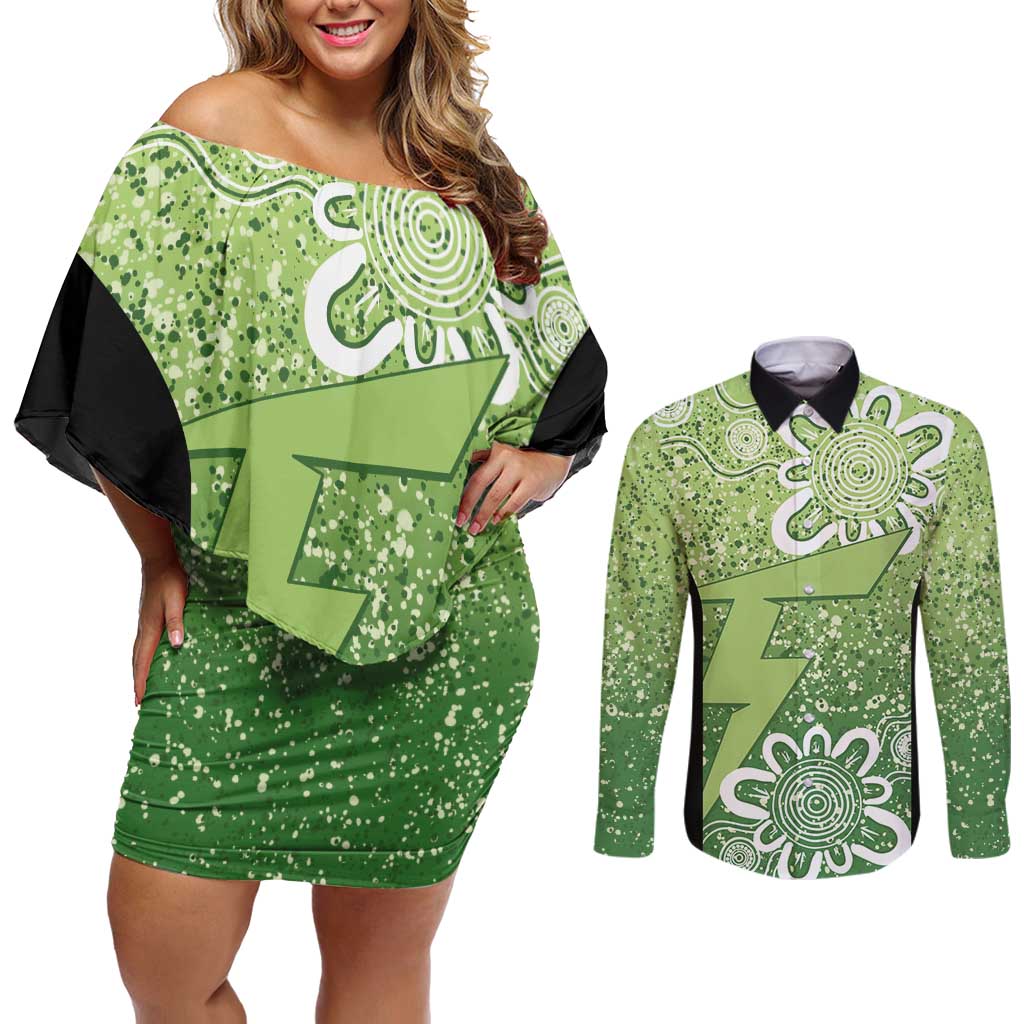 Australian Thunder Cricket Custom Couples Matching Off Shoulder Short Dress and Long Sleeve Button Shirt Minimalism Aboriginal