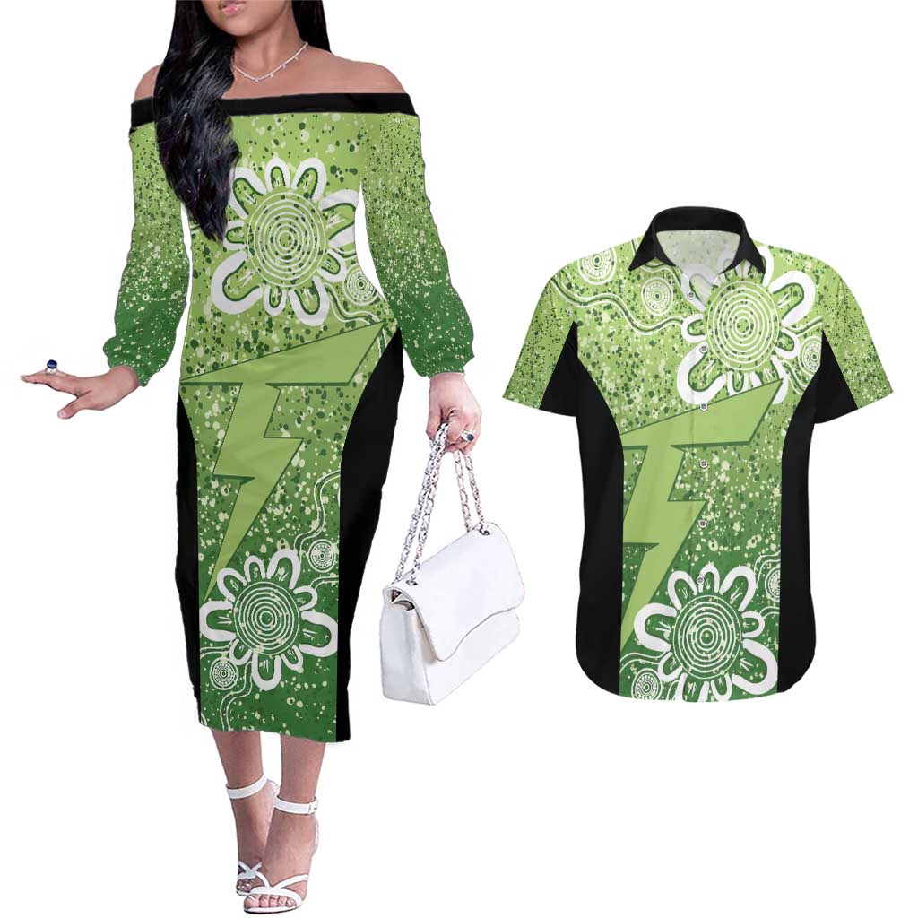 Australian Thunder Cricket Custom Couples Matching Off The Shoulder Long Sleeve Dress and Hawaiian Shirt Minimalism Aboriginal