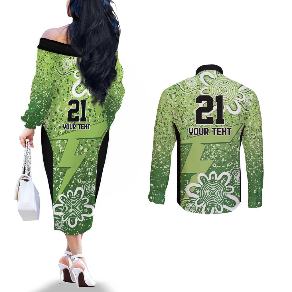 Australian Thunder Cricket Custom Couples Matching Off The Shoulder Long Sleeve Dress and Long Sleeve Button Shirt Minimalism Aboriginal
