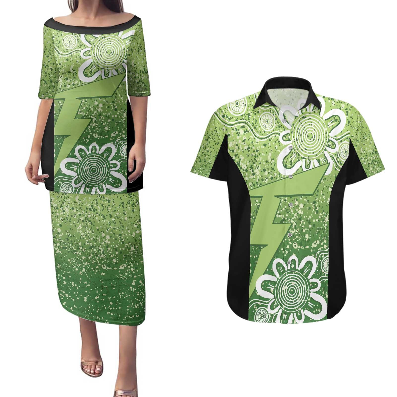 Australian Thunder Cricket Custom Couples Matching Puletasi and Hawaiian Shirt Minimalism Aboriginal