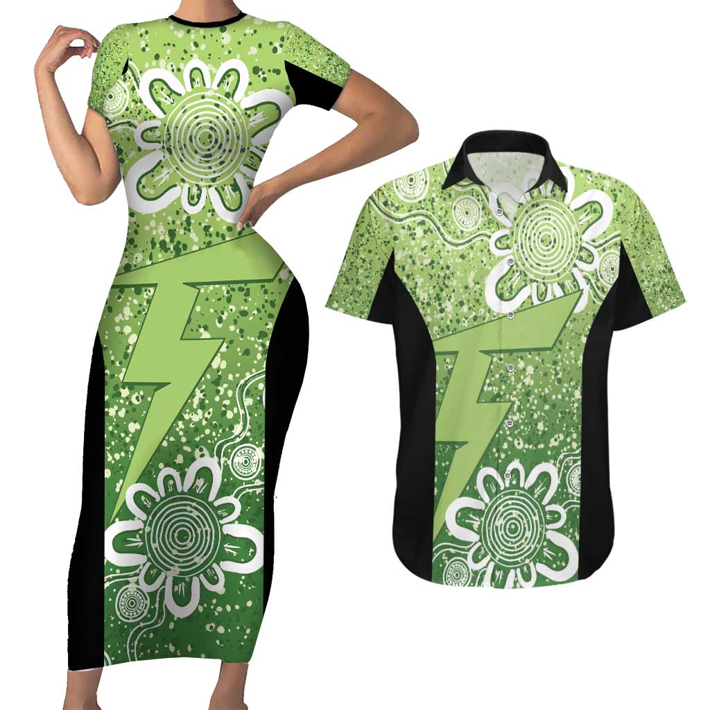 Australian Thunder Cricket Custom Couples Matching Short Sleeve Bodycon Dress and Hawaiian Shirt Minimalism Aboriginal