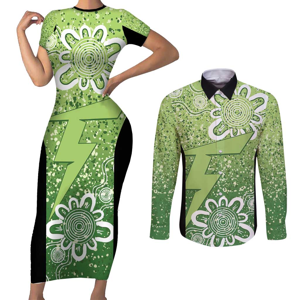 Australian Thunder Cricket Custom Couples Matching Short Sleeve Bodycon Dress and Long Sleeve Button Shirt Minimalism Aboriginal